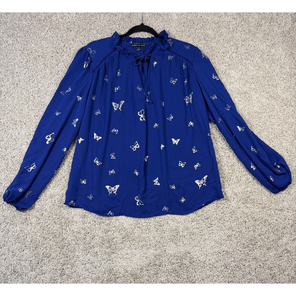 Como Black Womens XL Blue Silver Butterfly Print Ruffle Tie Neck Long Sleeve Top